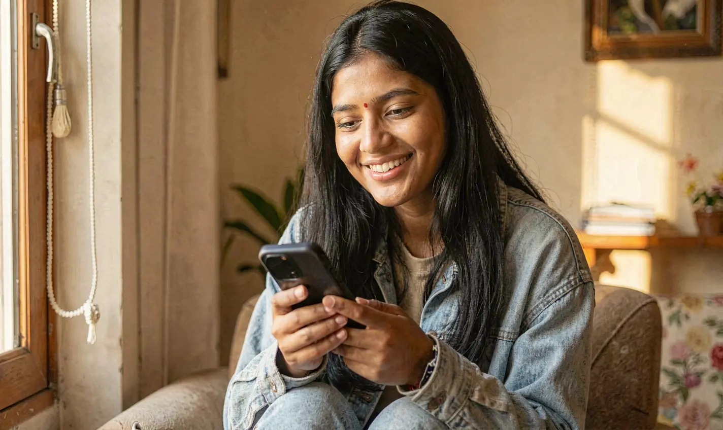 F111 App – Enjoy a smooth and user friendly mobile casino experience in Bangladesh Smiling Bangladeshi woman using the F111 casino app on her smartphone in a cozy indoor setting with warm lighting