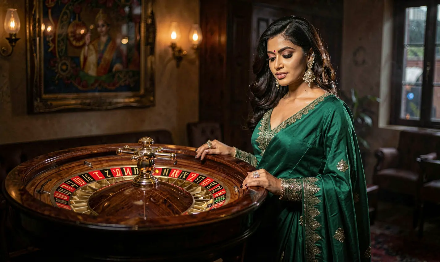 Confident casino model in a luxury green dress standing near a glowing roulette wheel highlighting the premium casino atmosphere of F111 for players in Bangladesh