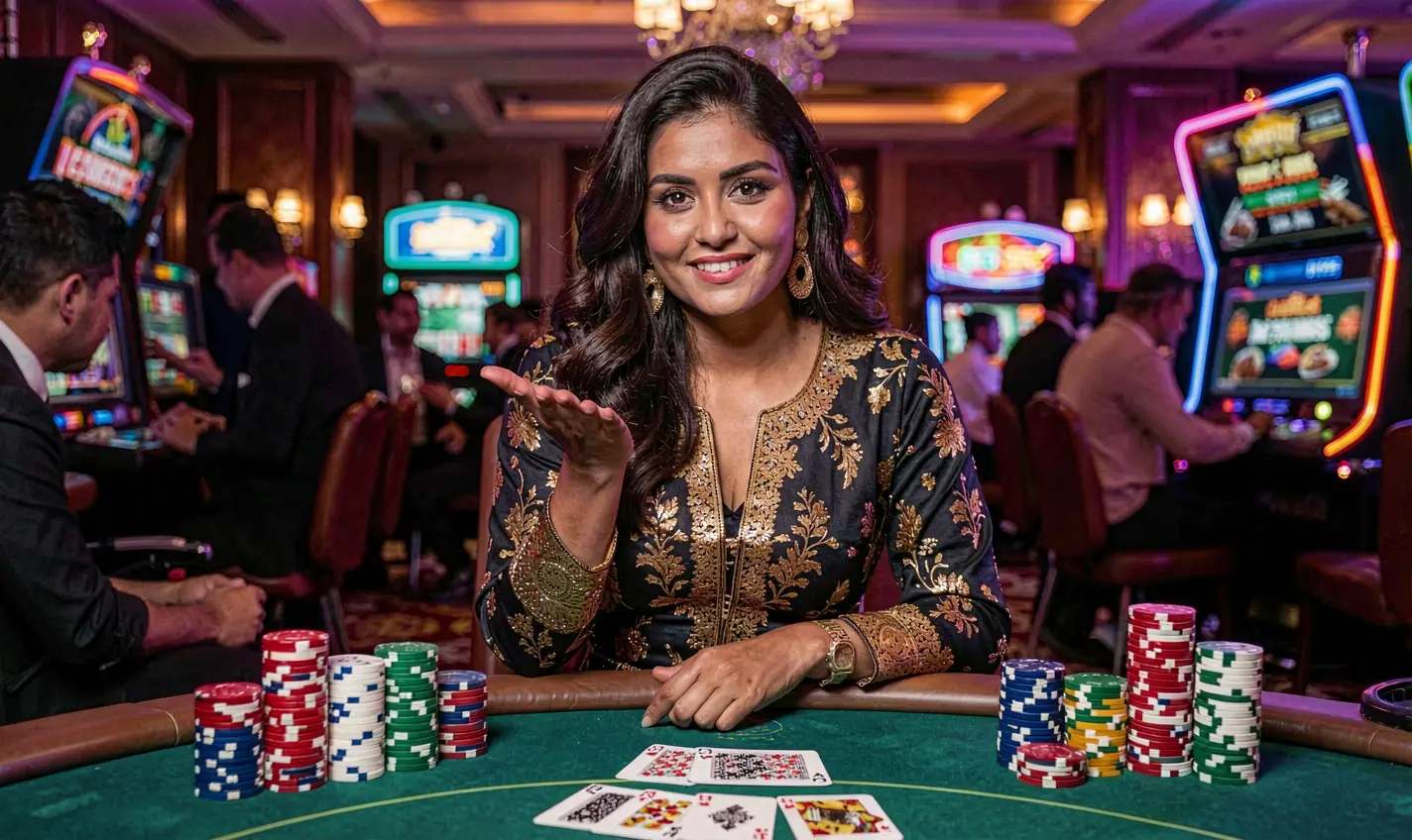Smiling live casino dealer at a vibrant gaming table with poker chips and cards showcasing the immersive F111 online casino experience for players in Bangladesh