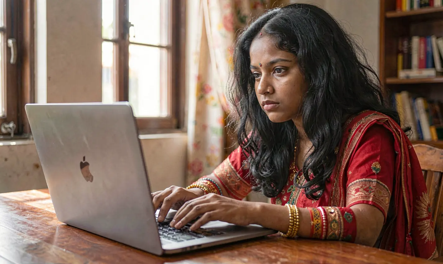 Close up view of a Bangladeshi woman playing immersive online casino games on a laptop in a modern digital gaming environment at F111