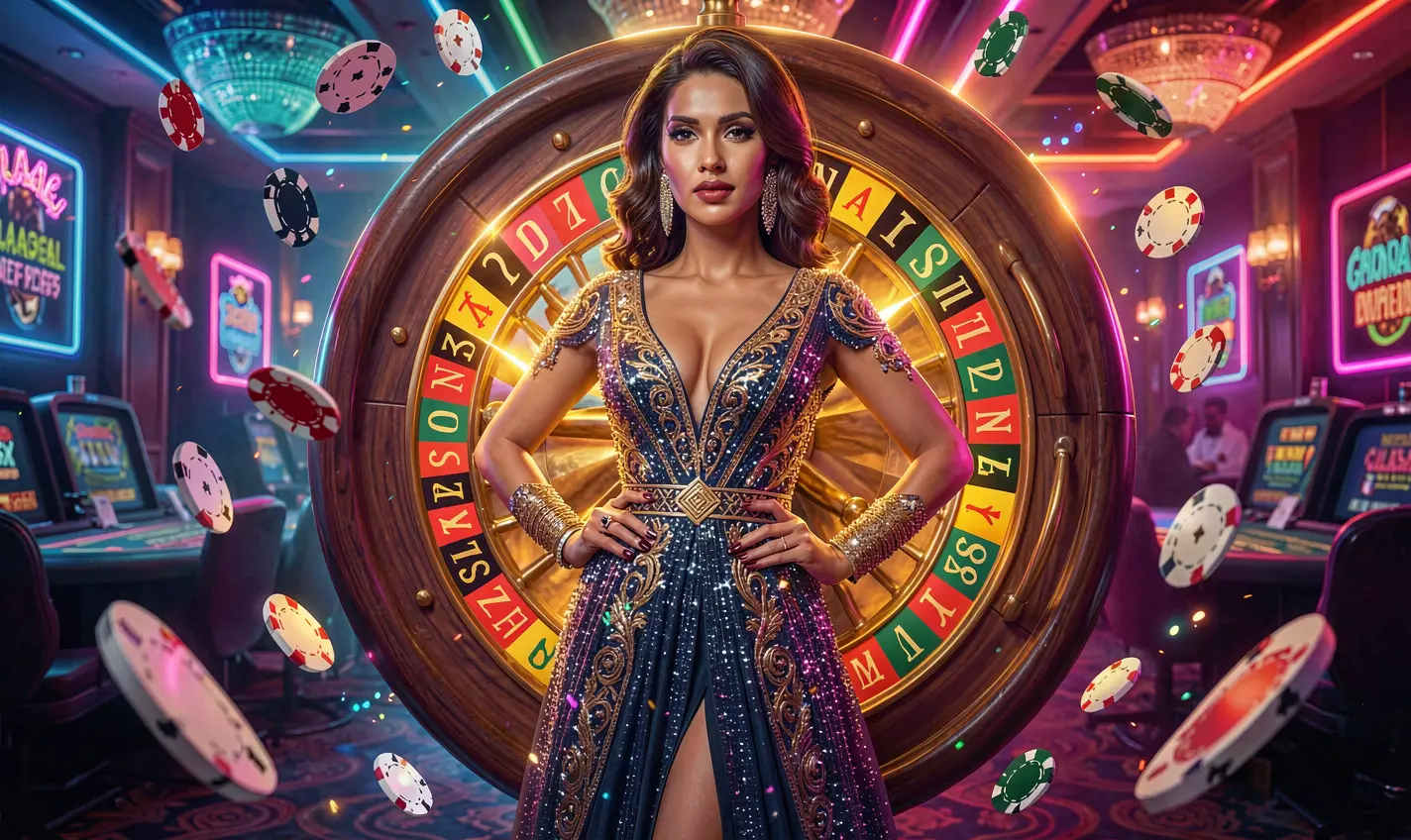 Glamorous casino woman in a sparkling dress posing before a neon roulette wheel with flying chips reflecting the luxury and excitement of F111 casino in Bangladesh