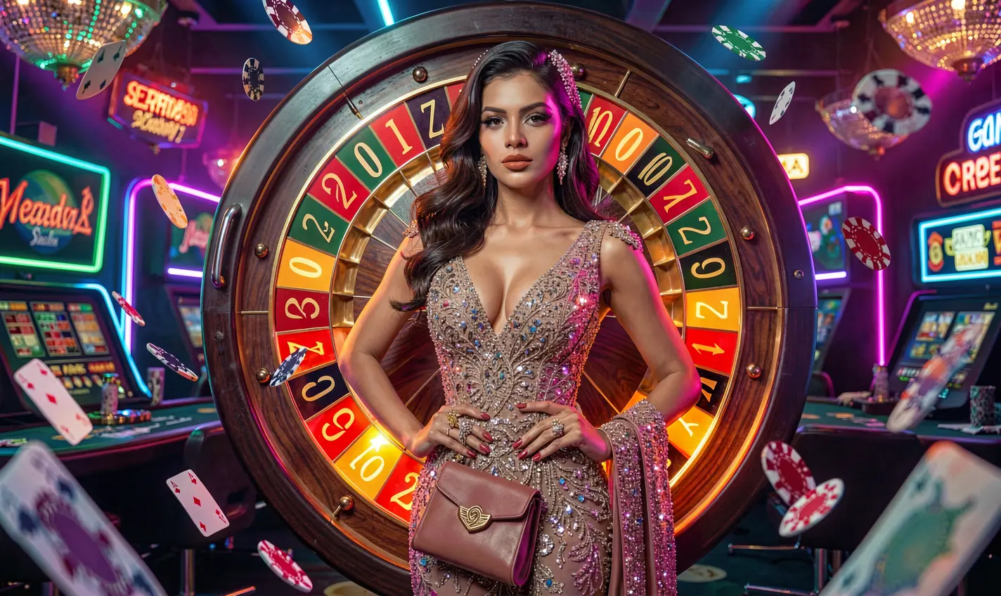 Elegant casino woman standing before a vibrant roulette wheel with floating chips symbolizing premium entertainment and winning moments at F111 for players in Bangladesh