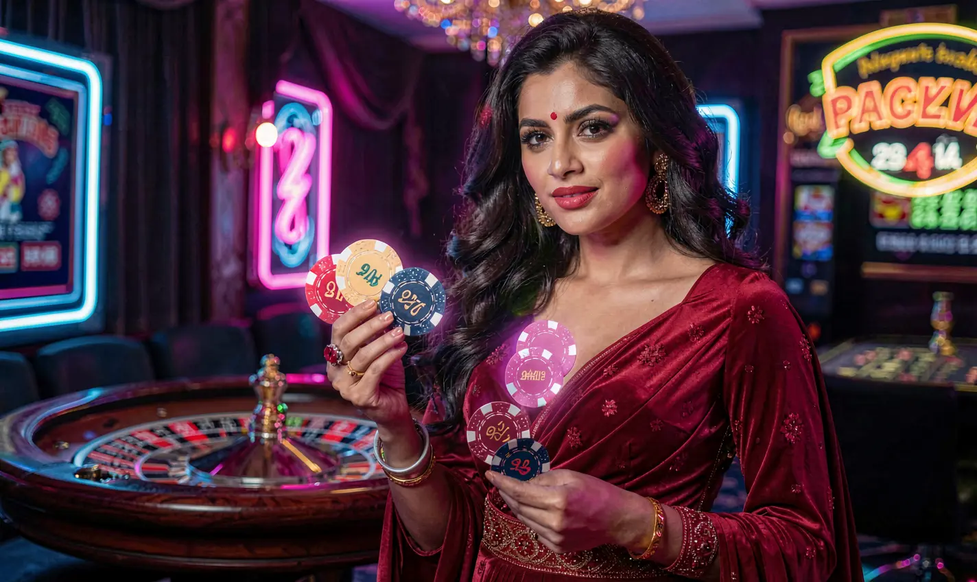 Elegant casino atmosphere with a beautiful woman in a red dress holding chips near a roulette table at F111 online casino for players in Bangladesh