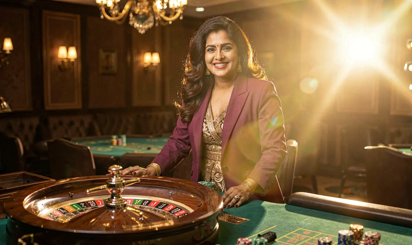 Elegant casino dealer standing in front of a glowing roulette wheel with a welcoming smile representing the high class live casino atmosphere of F111 for Bangladesh players