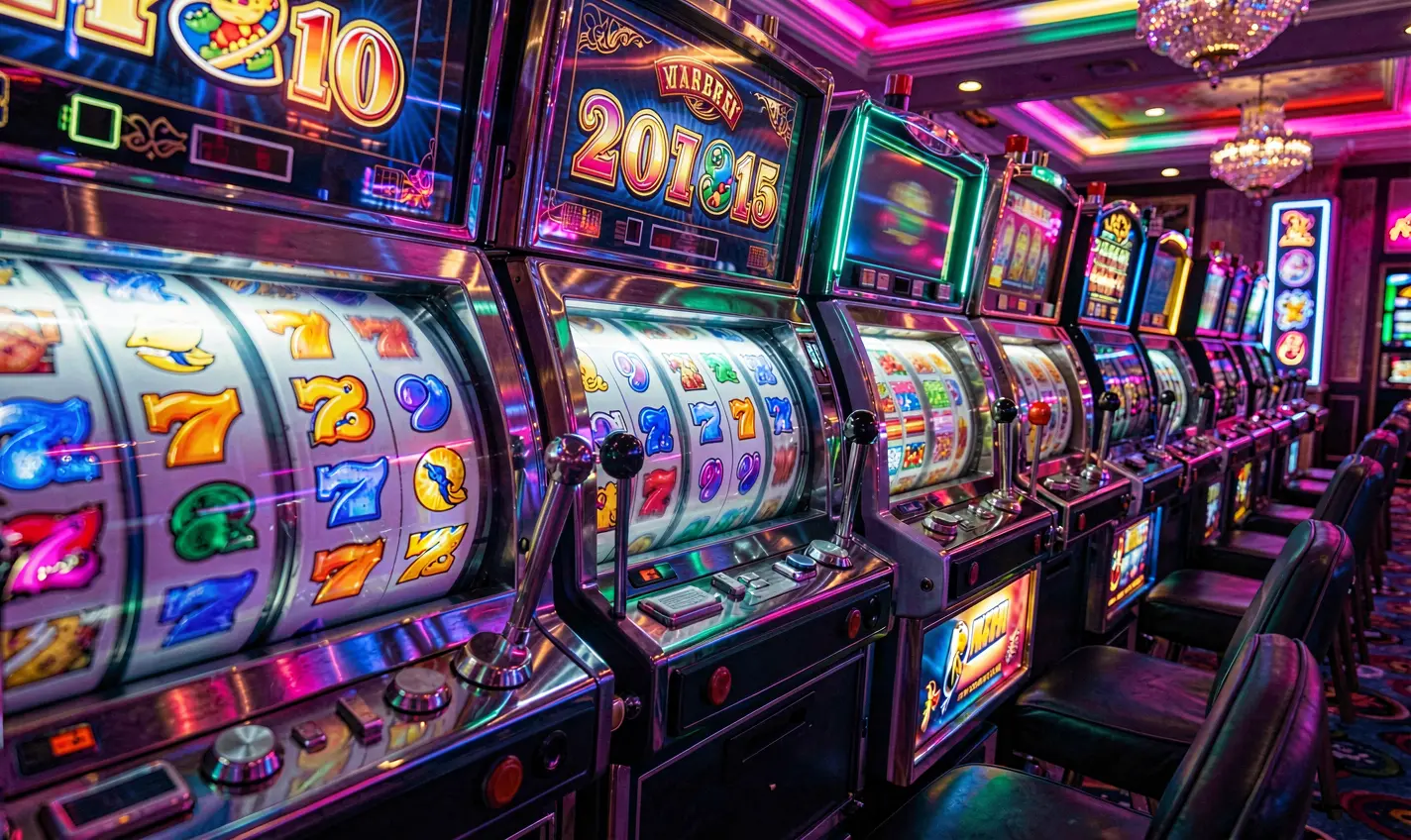 Close up view of modern slot machines with bright symbols and digital displays in a luxury casino setting at F111 highlighting an exciting gaming experience for players in Bangladesh